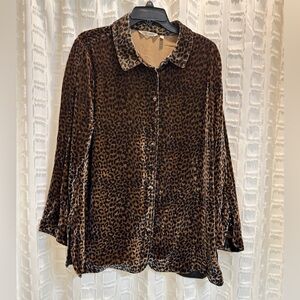 Soft Surroundings Velveteen Brown Leopard Button-Down Shirt